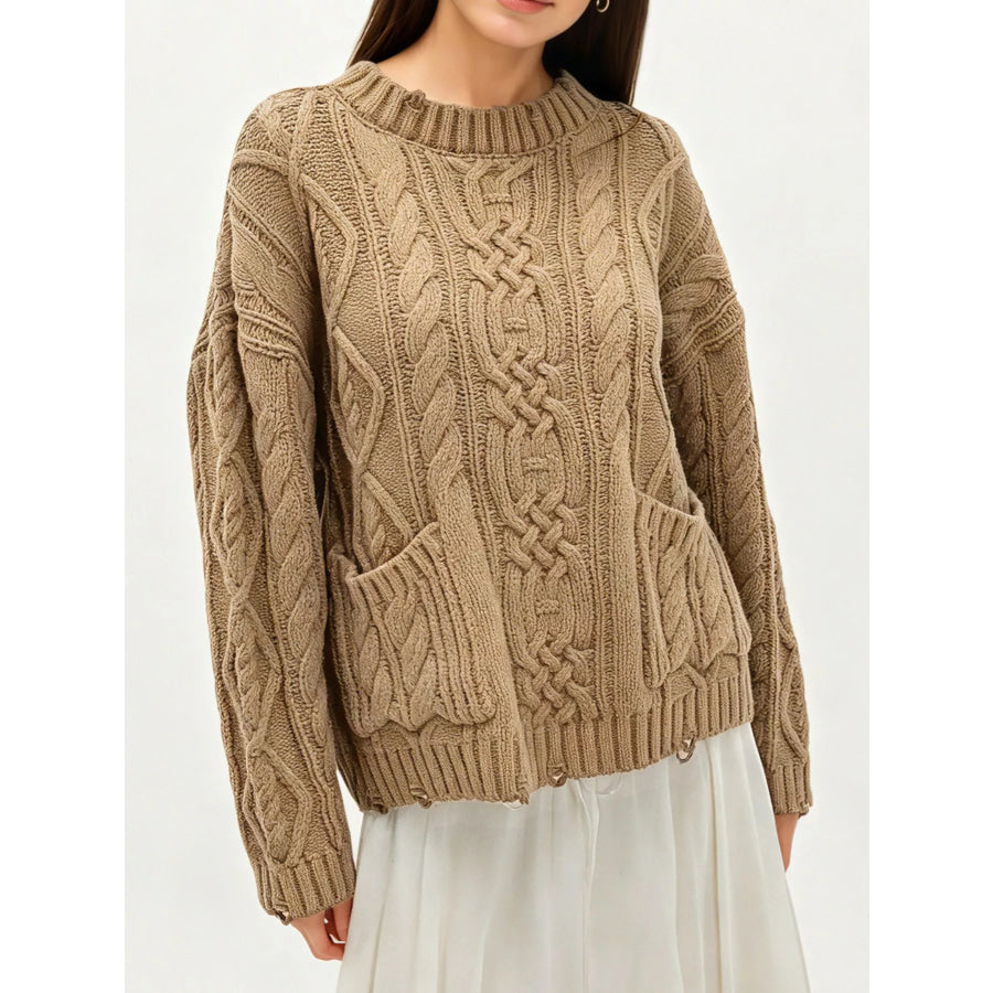 Cable-Knit Sweater with Front Pockets Khaki / S Apparel and Accessories