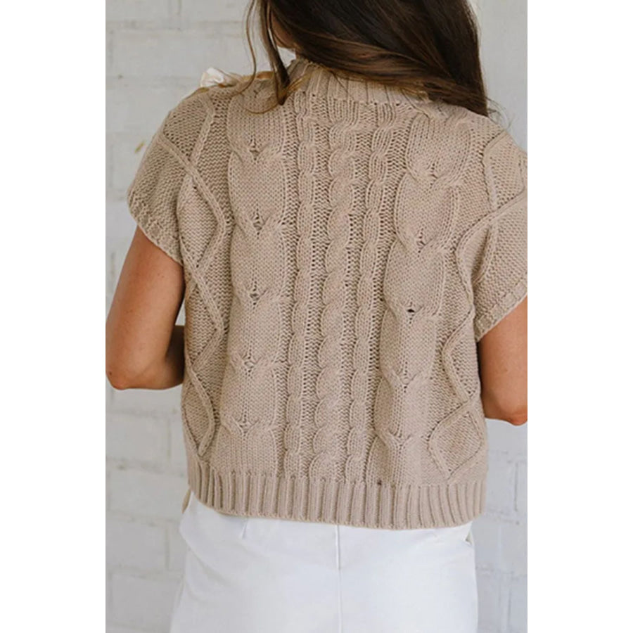 Cable-Knit Tied Mock Neck Short Sleeve Sweater Apparel and Accessories