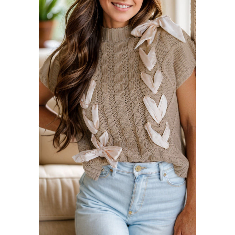 Cable-Knit Tied Mock Neck Short Sleeve Sweater Mocha / S Apparel and Accessories