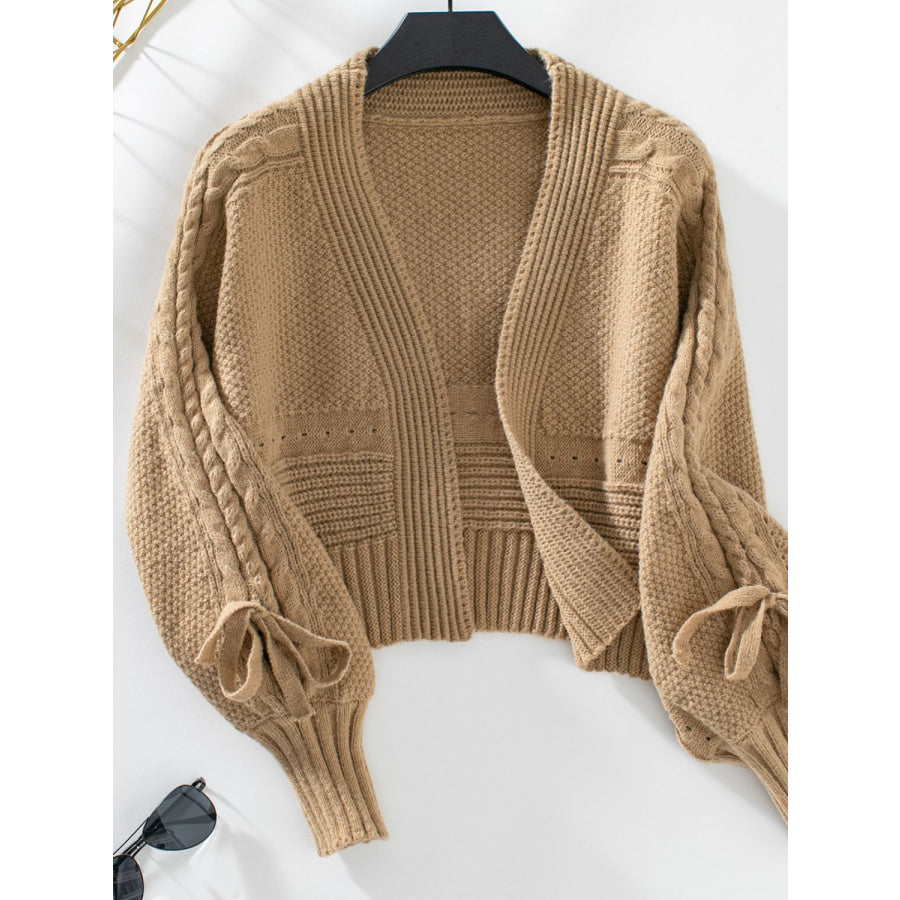 Cable-Knit Tied Open Front Lantern Sleeve Cardigan Apparel and Accessories