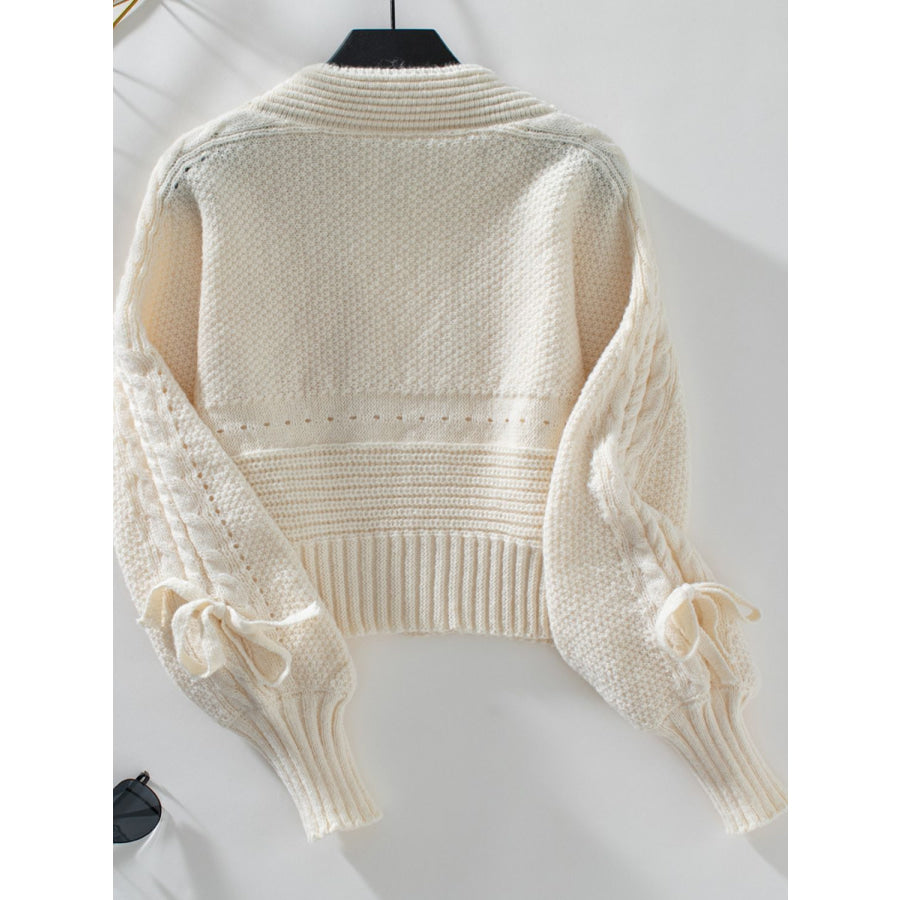 Cable-Knit Tied Open Front Lantern Sleeve Cardigan Apparel and Accessories