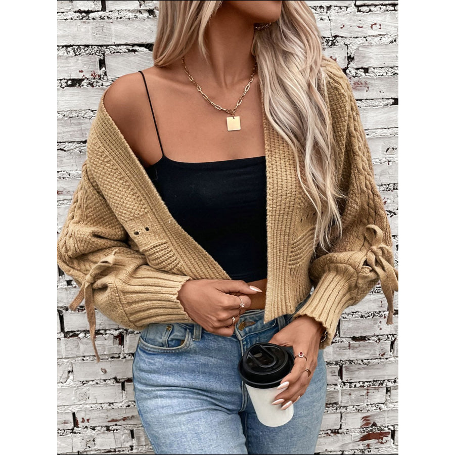 Cable-Knit Tied Open Front Lantern Sleeve Cardigan Apparel and Accessories