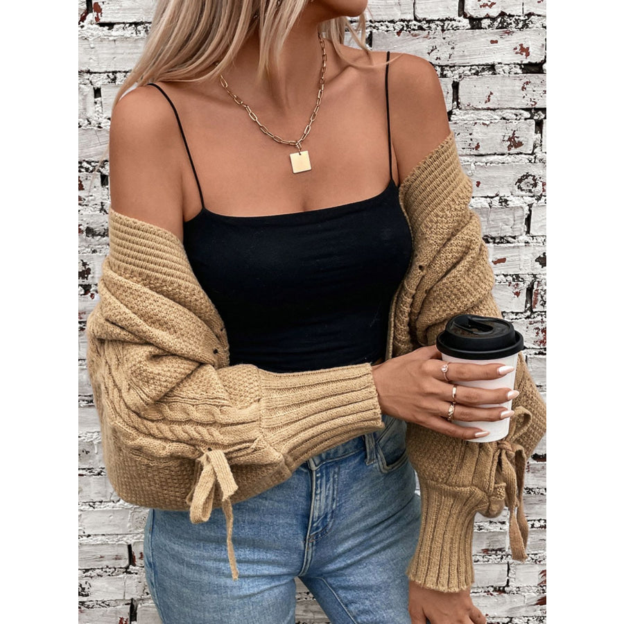 Cable-Knit Tied Open Front Lantern Sleeve Cardigan Apparel and Accessories