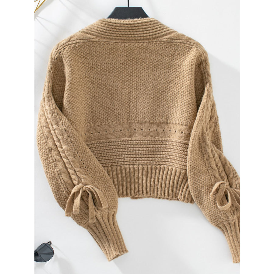 Cable-Knit Tied Open Front Lantern Sleeve Cardigan Apparel and Accessories