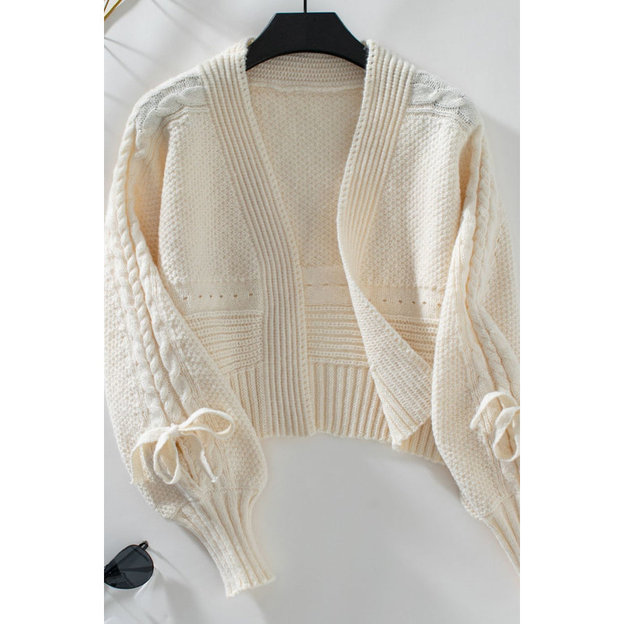 Cable-Knit Tied Open Front Lantern Sleeve Cardigan Cream / S Apparel and Accessories