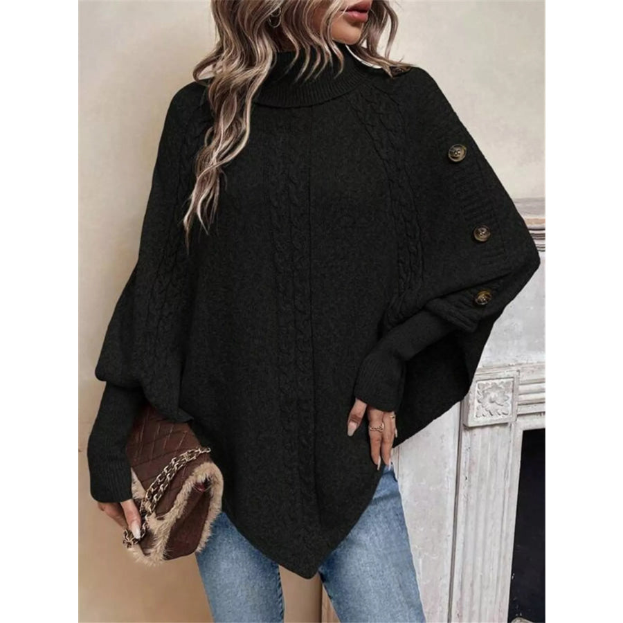 Cable Knit Turtleneck Cape Sweater Black / S Apparel and Accessories