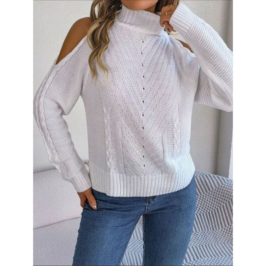 Cable-Knit Turtleneck Cold Shoulder Sweater White / S Apparel and Accessories