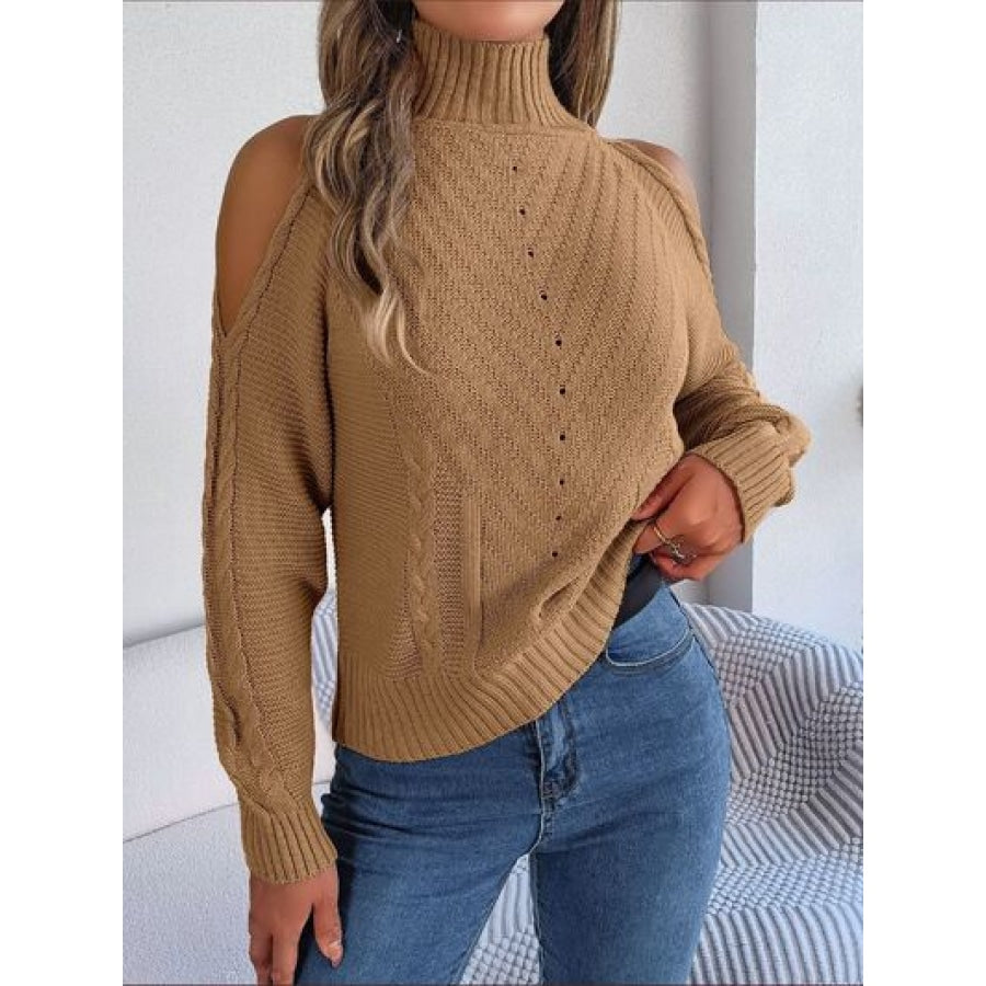 Cable-Knit Turtleneck Cold Shoulder Sweater Apparel and Accessories