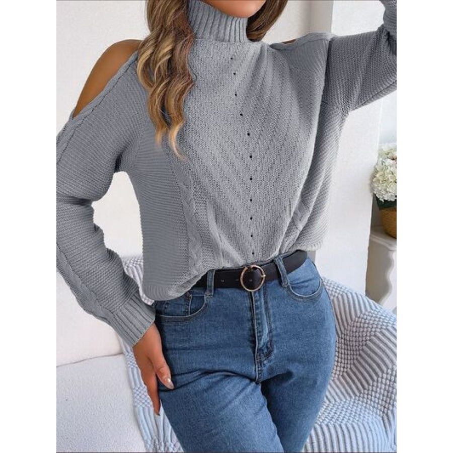 Cable-Knit Turtleneck Cold Shoulder Sweater Apparel and Accessories