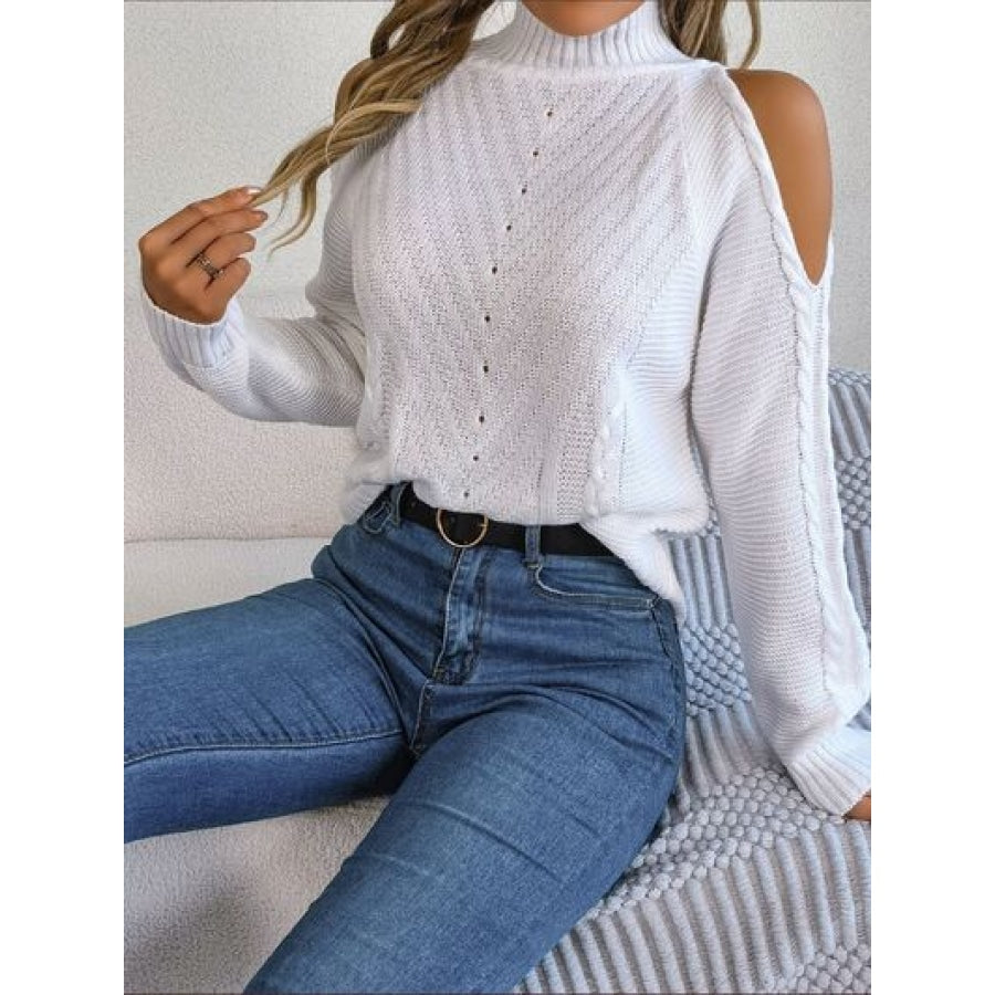 Cable-Knit Turtleneck Cold Shoulder Sweater Apparel and Accessories