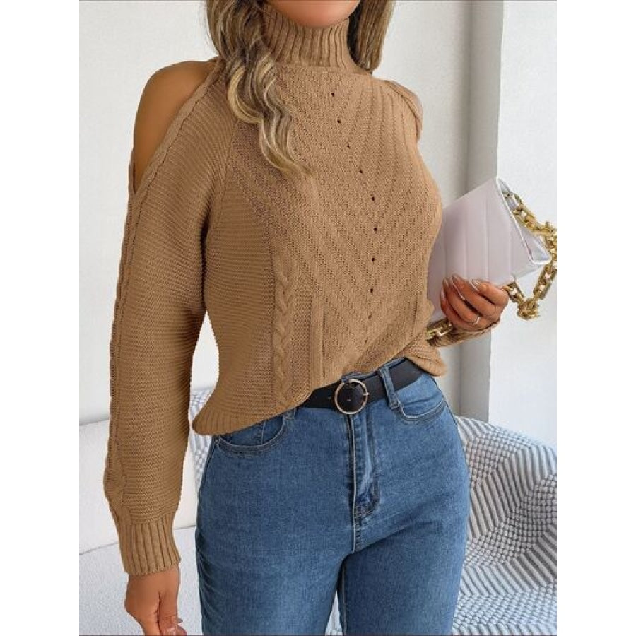 Cable-Knit Turtleneck Cold Shoulder Sweater Camel / S Apparel and Accessories