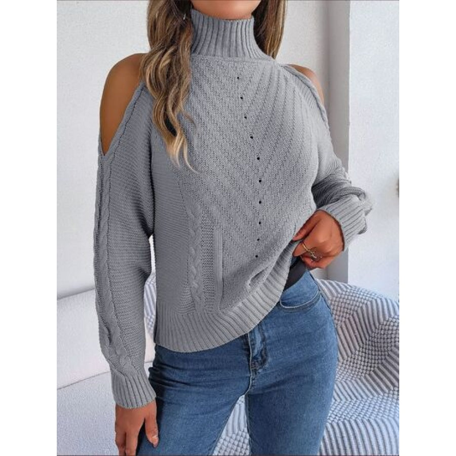 Cable-Knit Turtleneck Cold Shoulder Sweater Charcoal / S Apparel and Accessories