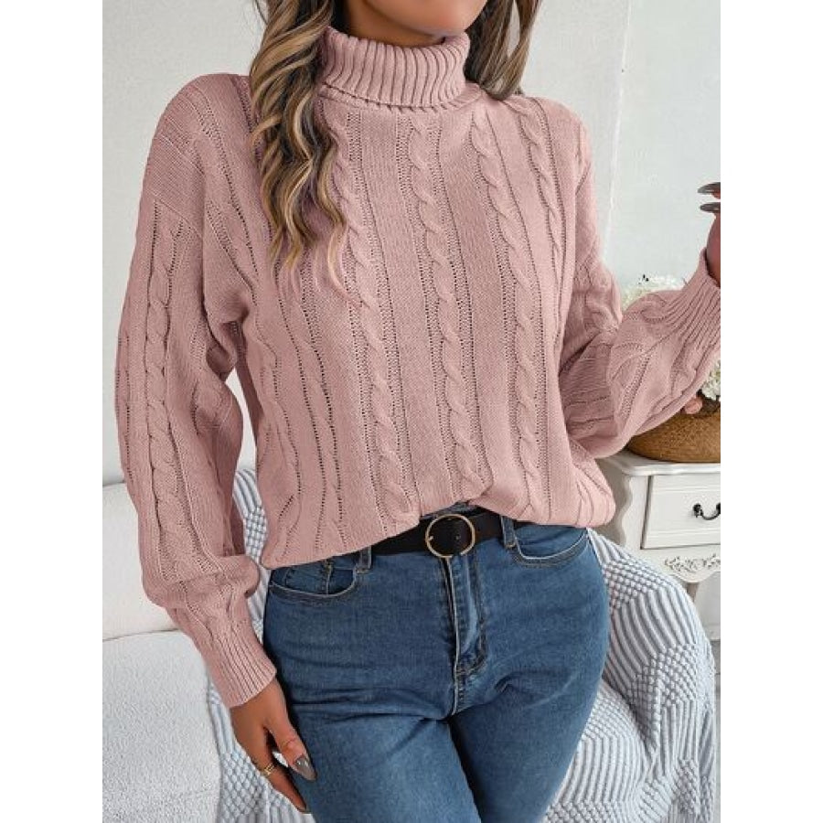 Cable-Knit Turtleneck Dropped Shoulder Sweater Dusty Pink / S Apparel and Accessories