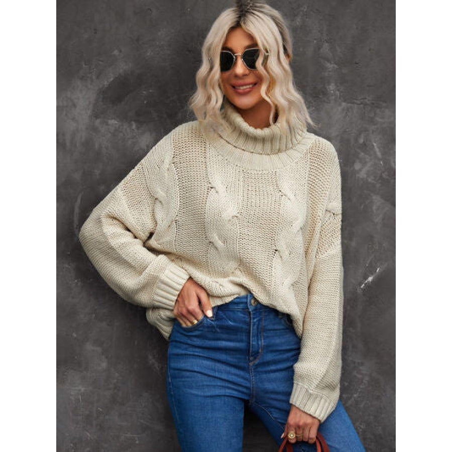 Cable-Knit Turtleneck Dropped Shoulder Sweater Beige / S Clothing