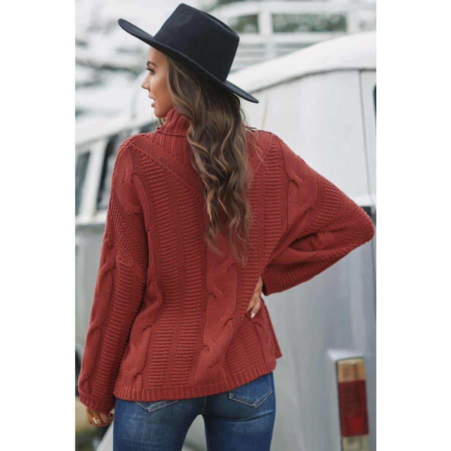 Cable-Knit Turtleneck Dropped Shoulder Sweater Deep Red / S Clothing