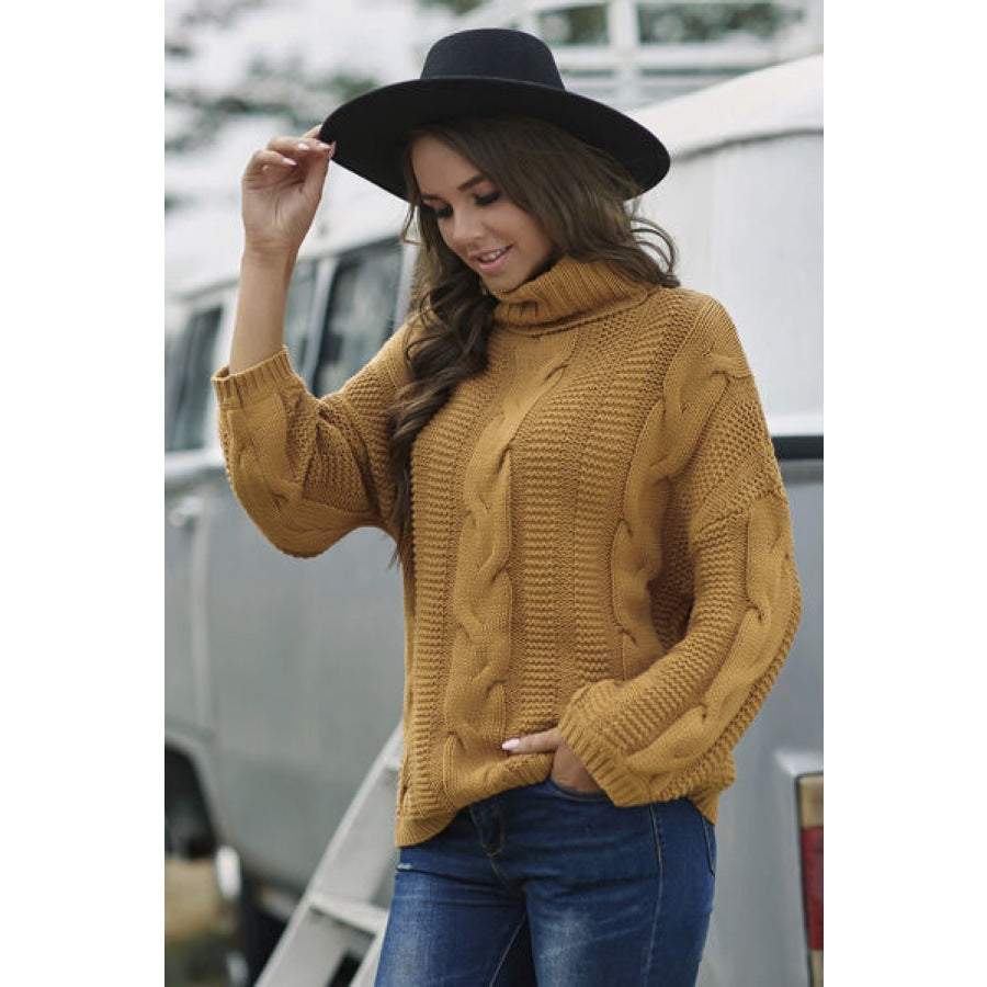 Cable-Knit Turtleneck Dropped Shoulder Sweater Clothing