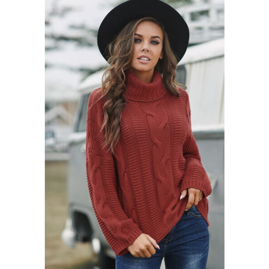 Cable-Knit Turtleneck Dropped Shoulder Sweater Clothing