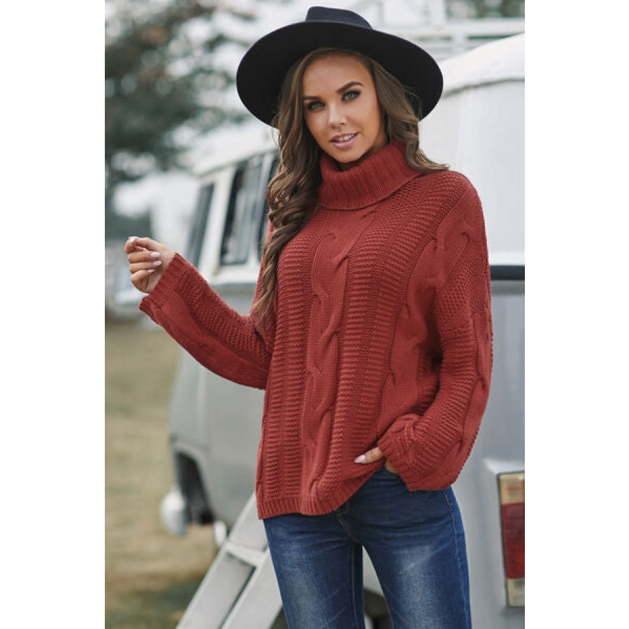 Cable-Knit Turtleneck Dropped Shoulder Sweater Clothing