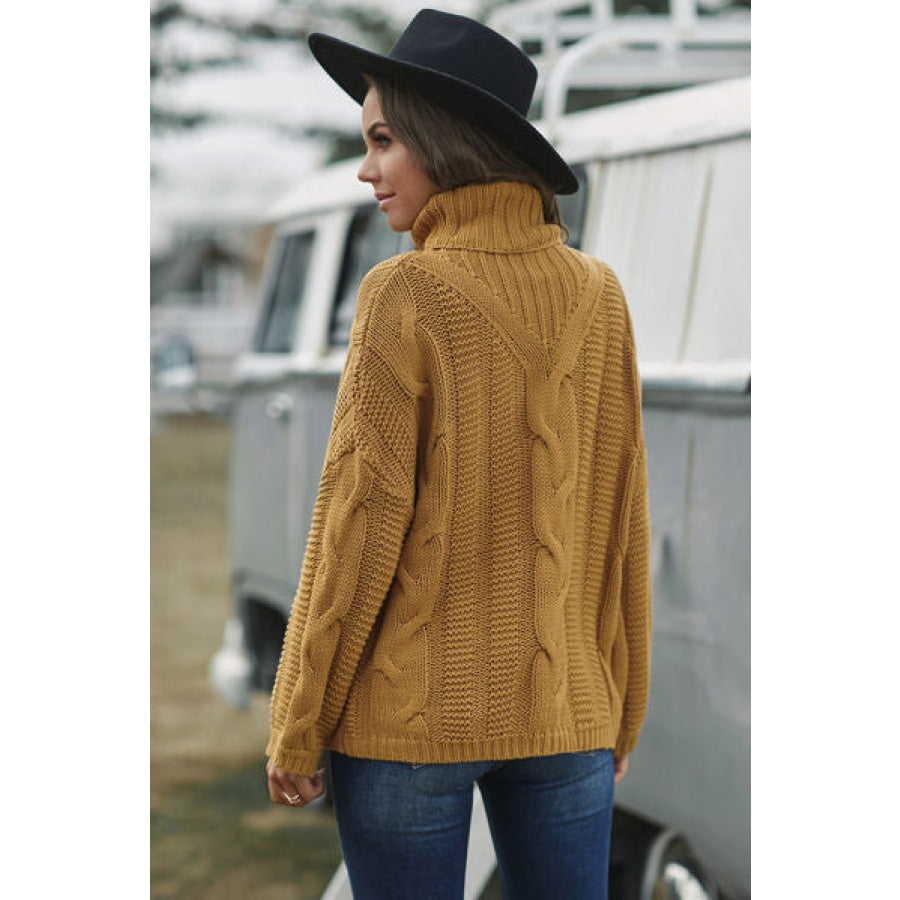 Cable-Knit Turtleneck Dropped Shoulder Sweater Clothing