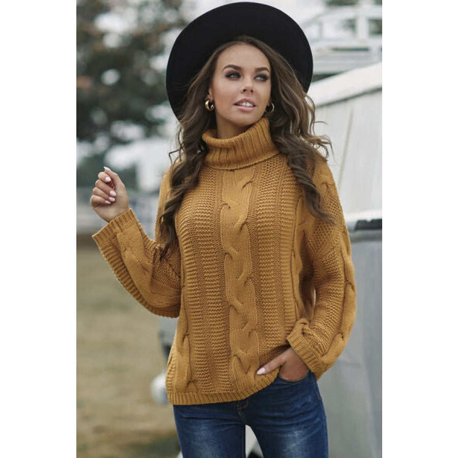 Cable-Knit Turtleneck Dropped Shoulder Sweater Clothing