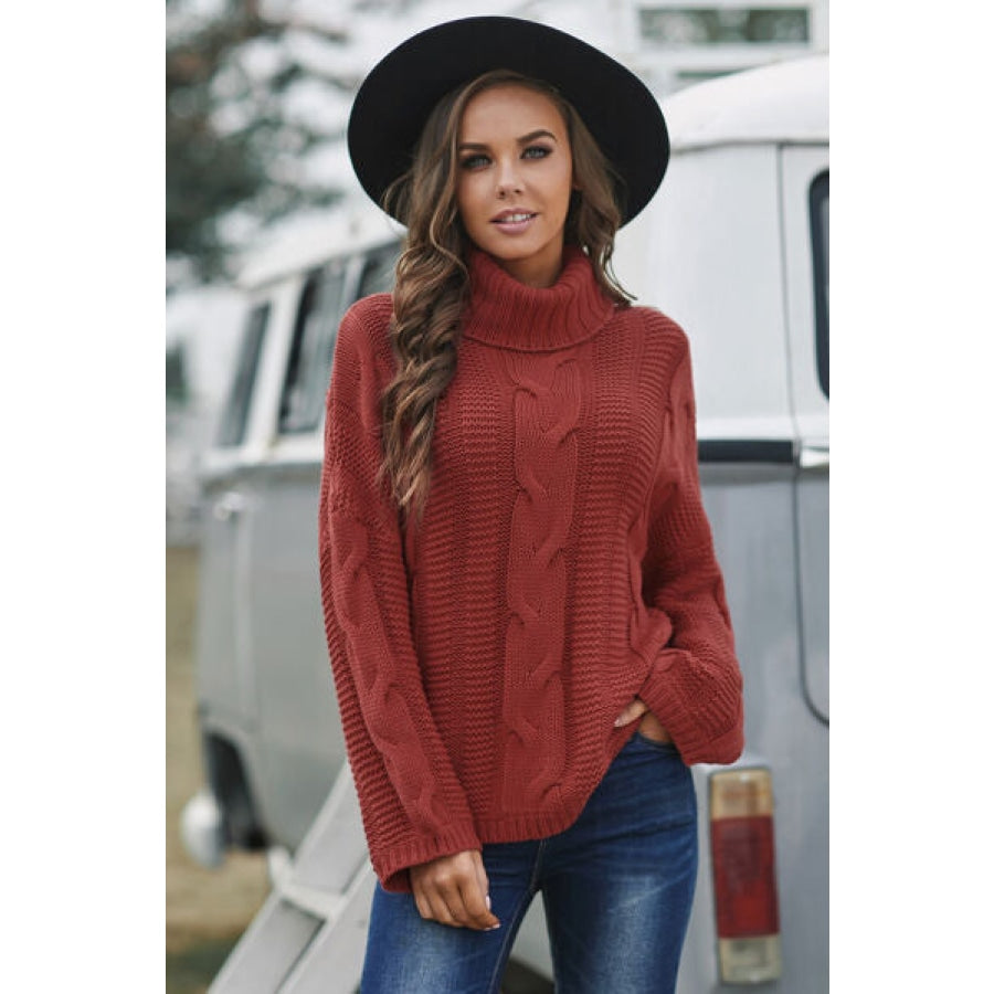 Cable-Knit Turtleneck Dropped Shoulder Sweater Deep Red / S Clothing