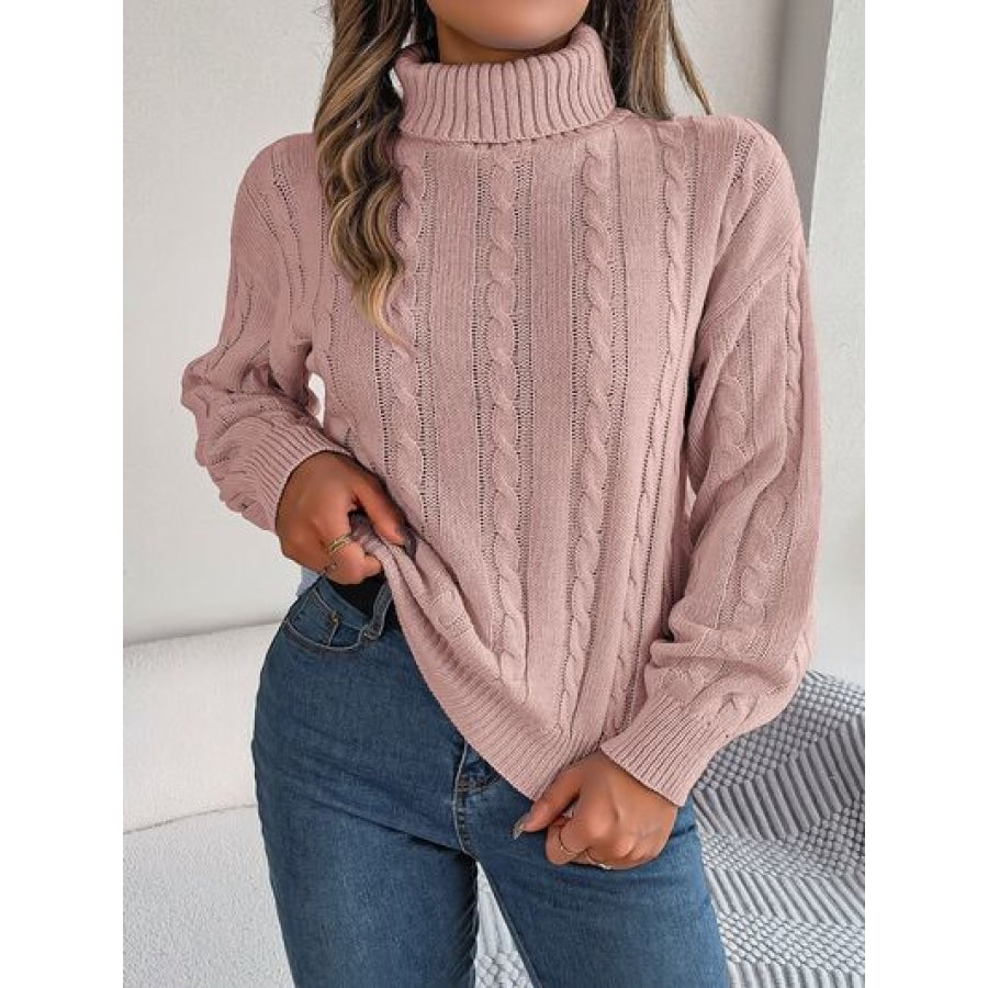 Cable-Knit Turtleneck Dropped Shoulder Sweater Dusty Pink / S Apparel and Accessories