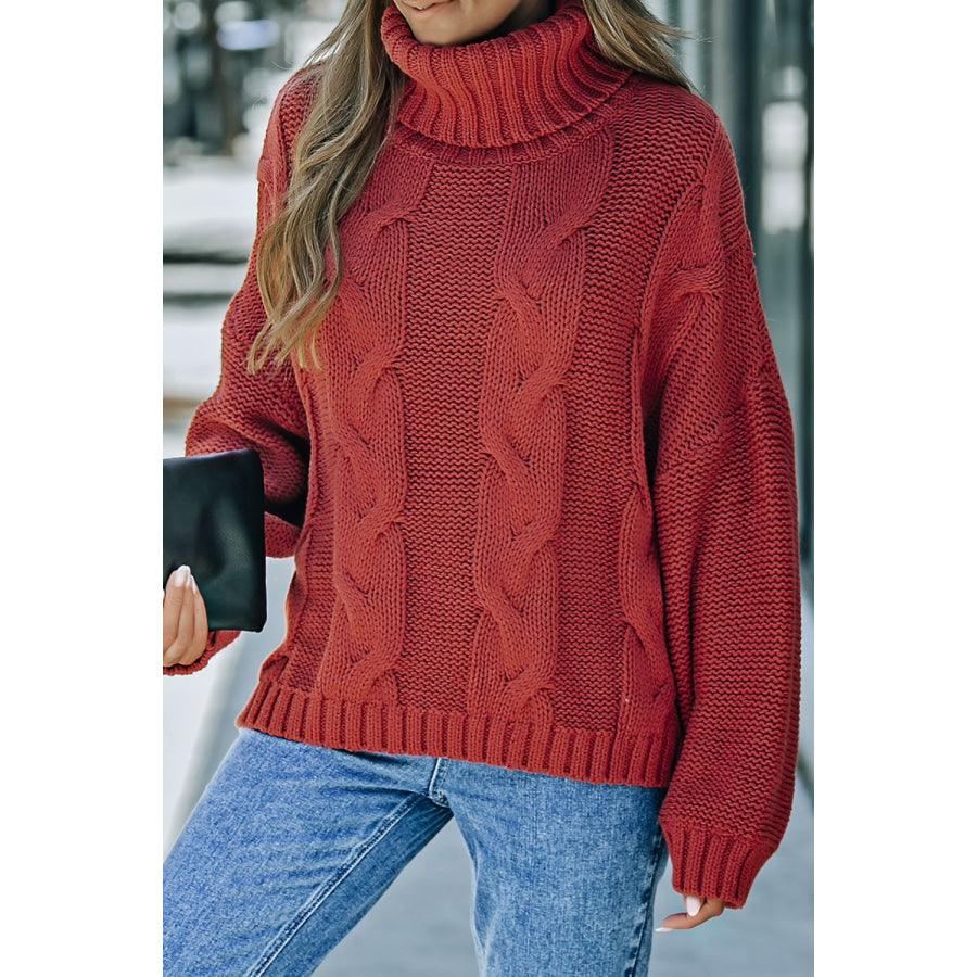 Cable-Knit Turtleneck Dropped Shoulder Sweater Rust / XS Apparel and Accessories