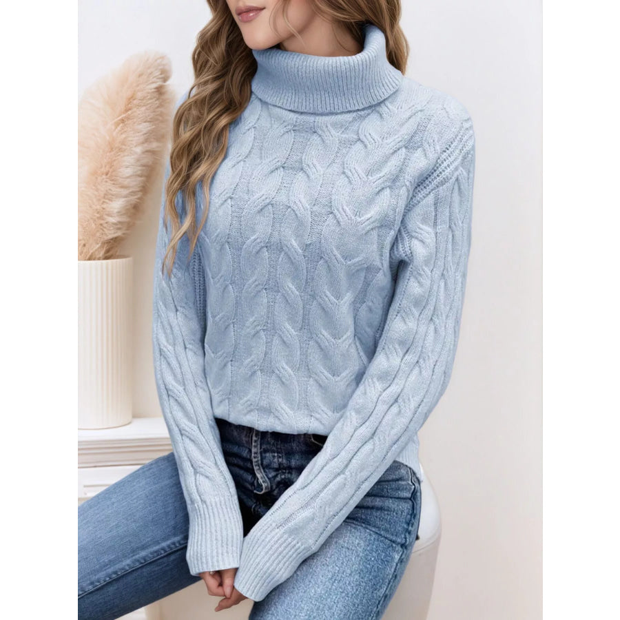 Cable Knit Turtleneck Long Sleeve Sweater Apparel and Accessories