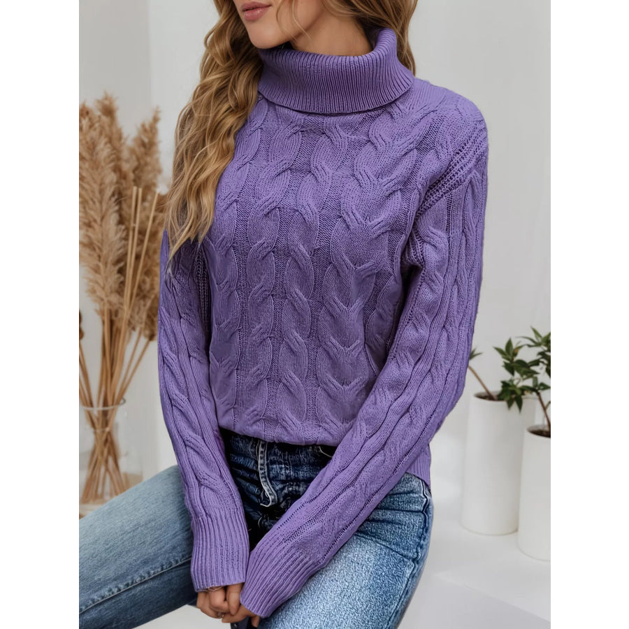 Cable Knit Turtleneck Long Sleeve Sweater Apparel and Accessories