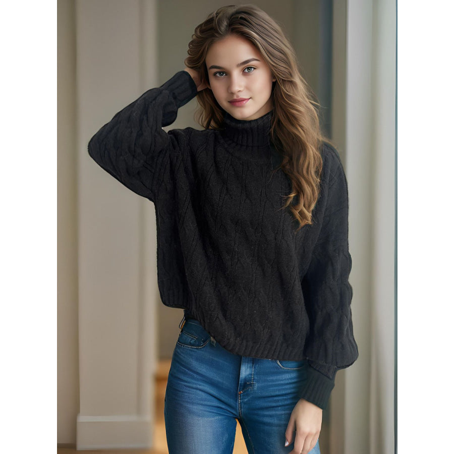 Cable-Knit Turtleneck Long Sleeve Sweater Black / One Size Apparel and Accessories