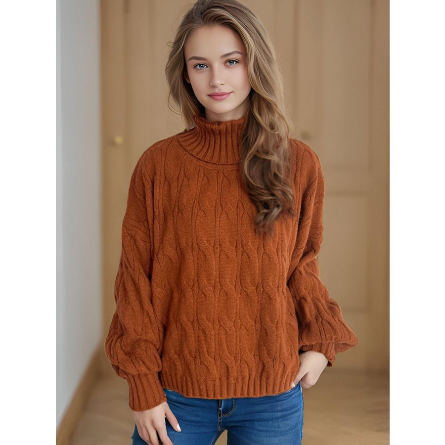 Cable-Knit Turtleneck Long Sleeve Sweater Caramel / One Size Apparel and Accessories