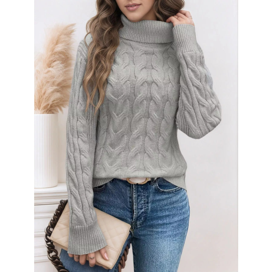 Cable Knit Turtleneck Long Sleeve Sweater Grey / S Apparel and Accessories