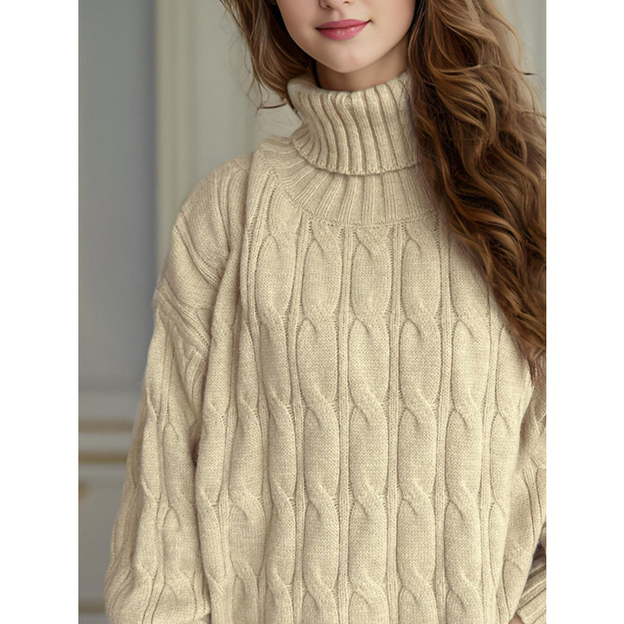 Cable-Knit Turtleneck Long Sleeve Sweater Pastel Yellow / One Size Apparel and Accessories