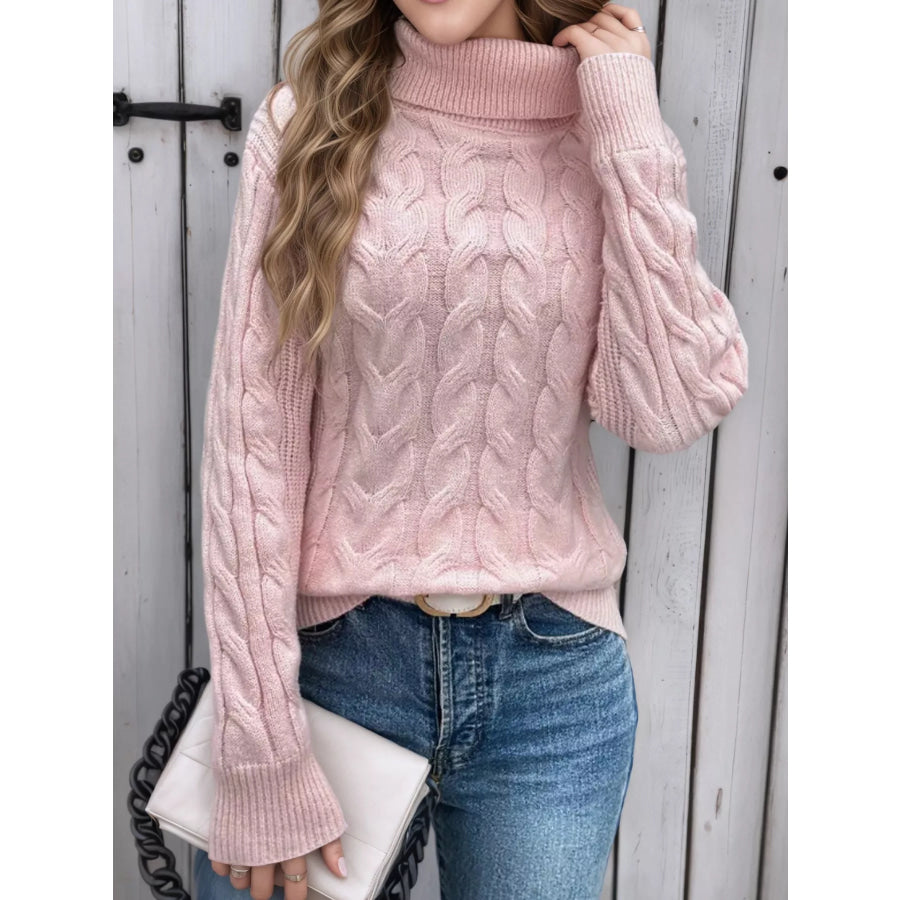 Cable Knit Turtleneck Long Sleeve Sweater Pink / S Apparel and Accessories