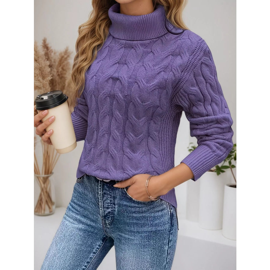 Cable Knit Turtleneck Long Sleeve Sweater Purple / S Apparel and Accessories