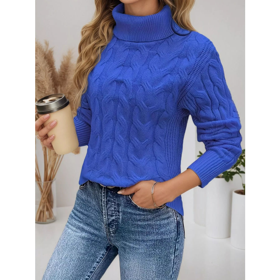 Cable Knit Turtleneck Long Sleeve Sweater Royal Blue / S Apparel and Accessories