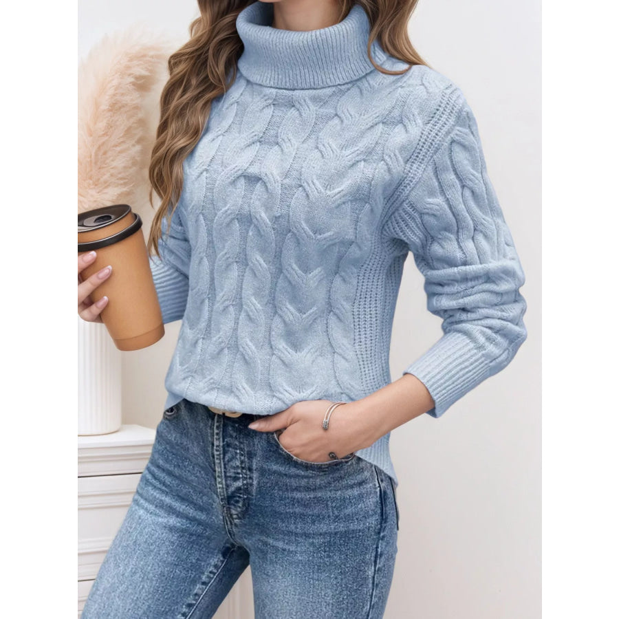 Cable Knit Turtleneck Long Sleeve Sweater Sky Blue / S Apparel and Accessories