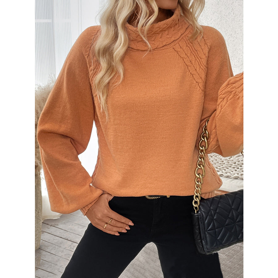 Cable-Knit Turtleneck Long Sleeve Sweater Tangerine / S Apparel and Accessories