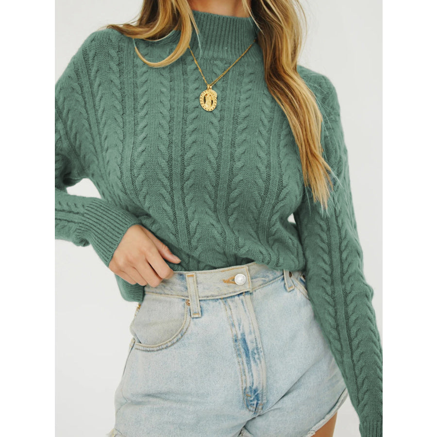 Cable Knit Turtleneck Long Sleeve Sweater Turquoise / One Size Apparel and Accessories