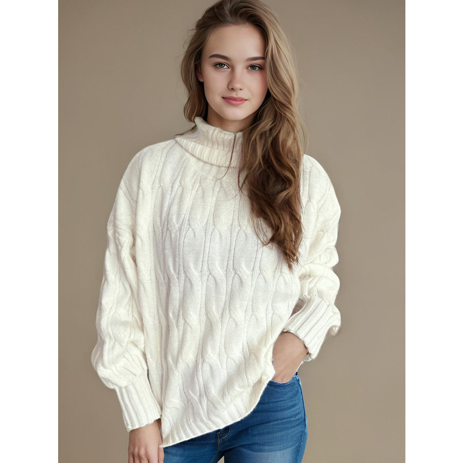 Cable-Knit Turtleneck Long Sleeve Sweater White / One Size Apparel and Accessories