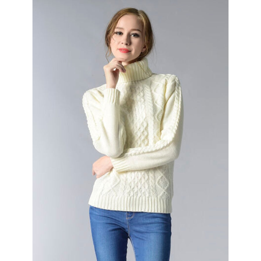 Cable-Knit Turtleneck Pullover Sweater Cream / S Clothing