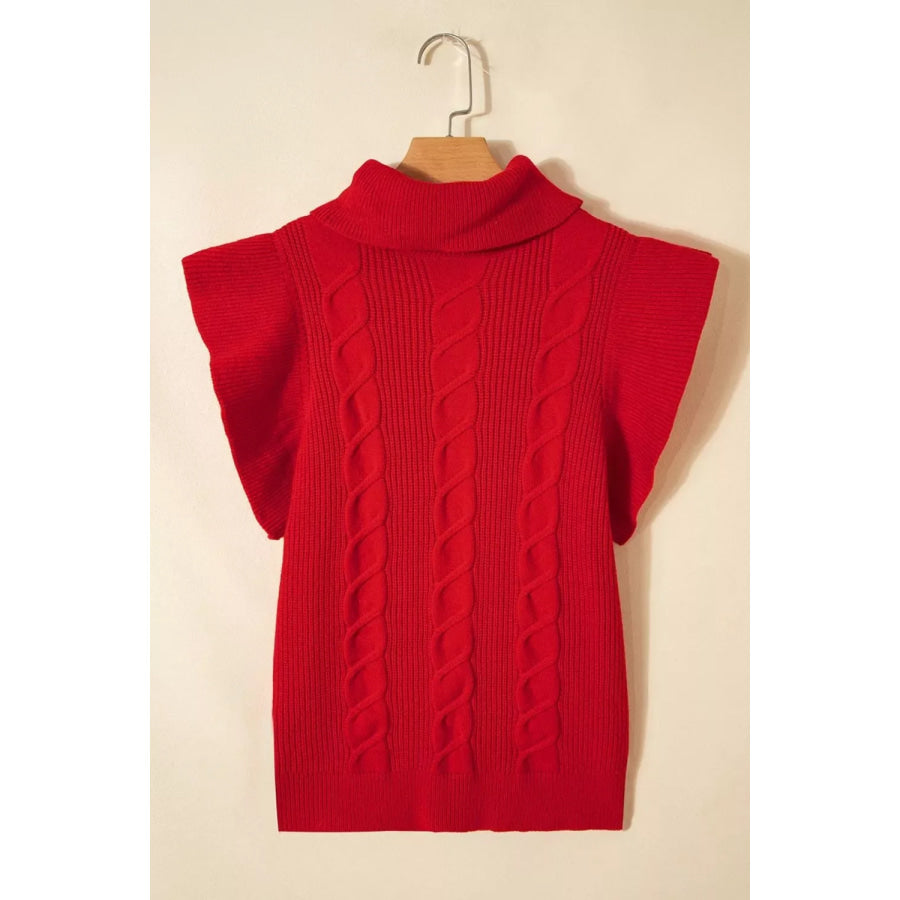 Cable Knit Turtleneck Ruffled Short Sleeve Sweater Apparel and Accessories