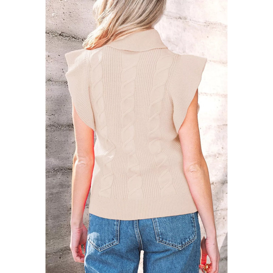 Cable Knit Turtleneck Ruffled Short Sleeve Sweater Apparel and Accessories