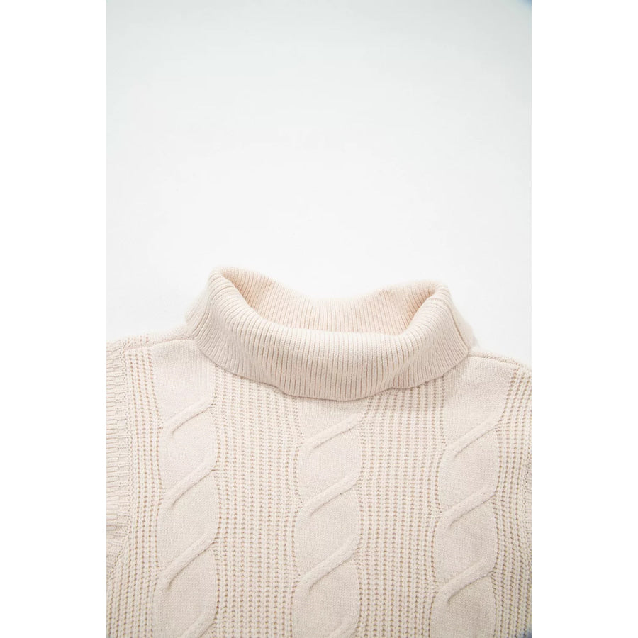 Cable Knit Turtleneck Ruffled Short Sleeve Sweater Apparel and Accessories