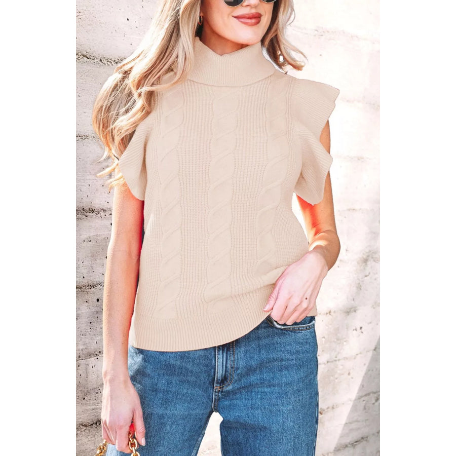Cable Knit Turtleneck Ruffled Short Sleeve Sweater Apparel and Accessories