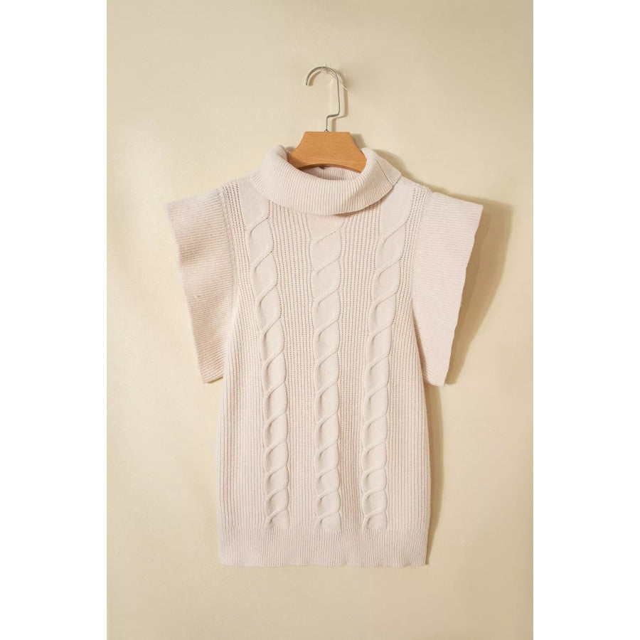 Cable Knit Turtleneck Ruffled Short Sleeve Sweater Apparel and Accessories