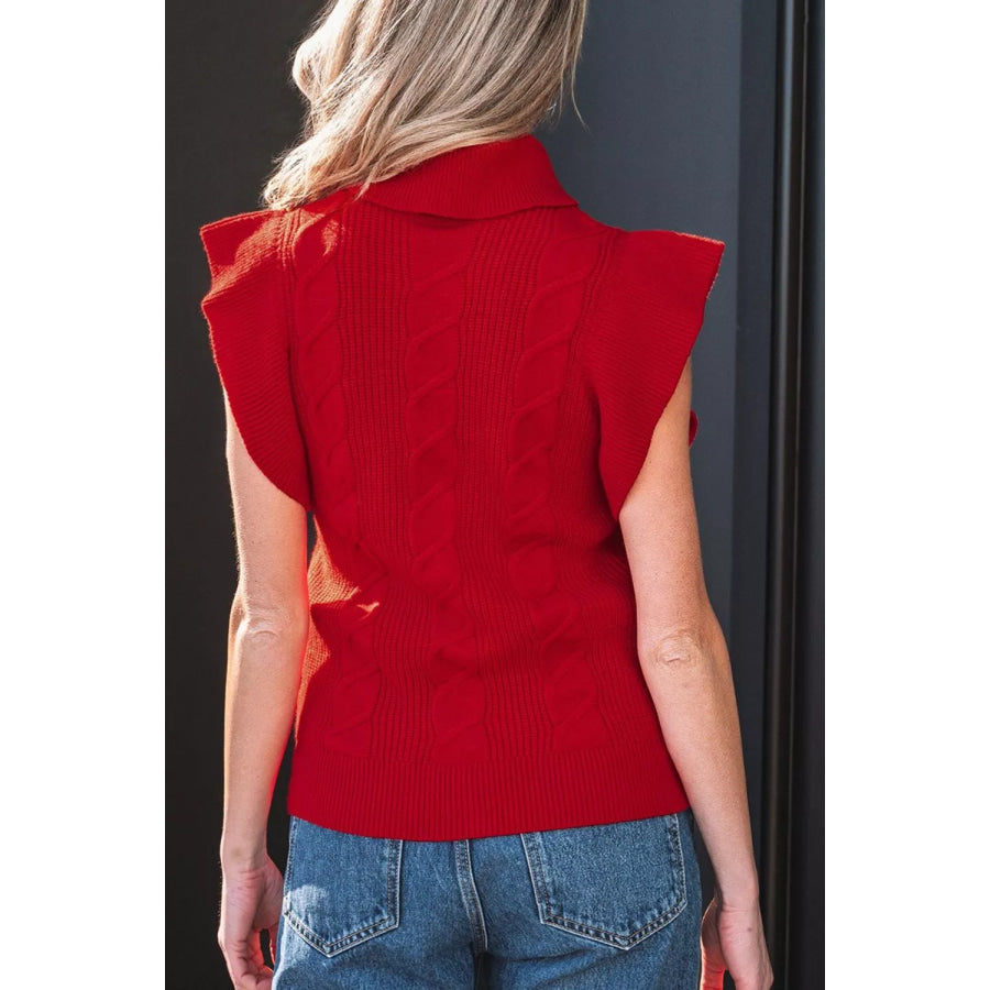 Cable Knit Turtleneck Ruffled Short Sleeve Sweater Apparel and Accessories
