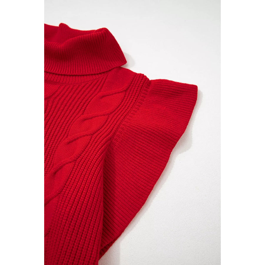Cable Knit Turtleneck Ruffled Short Sleeve Sweater Apparel and Accessories