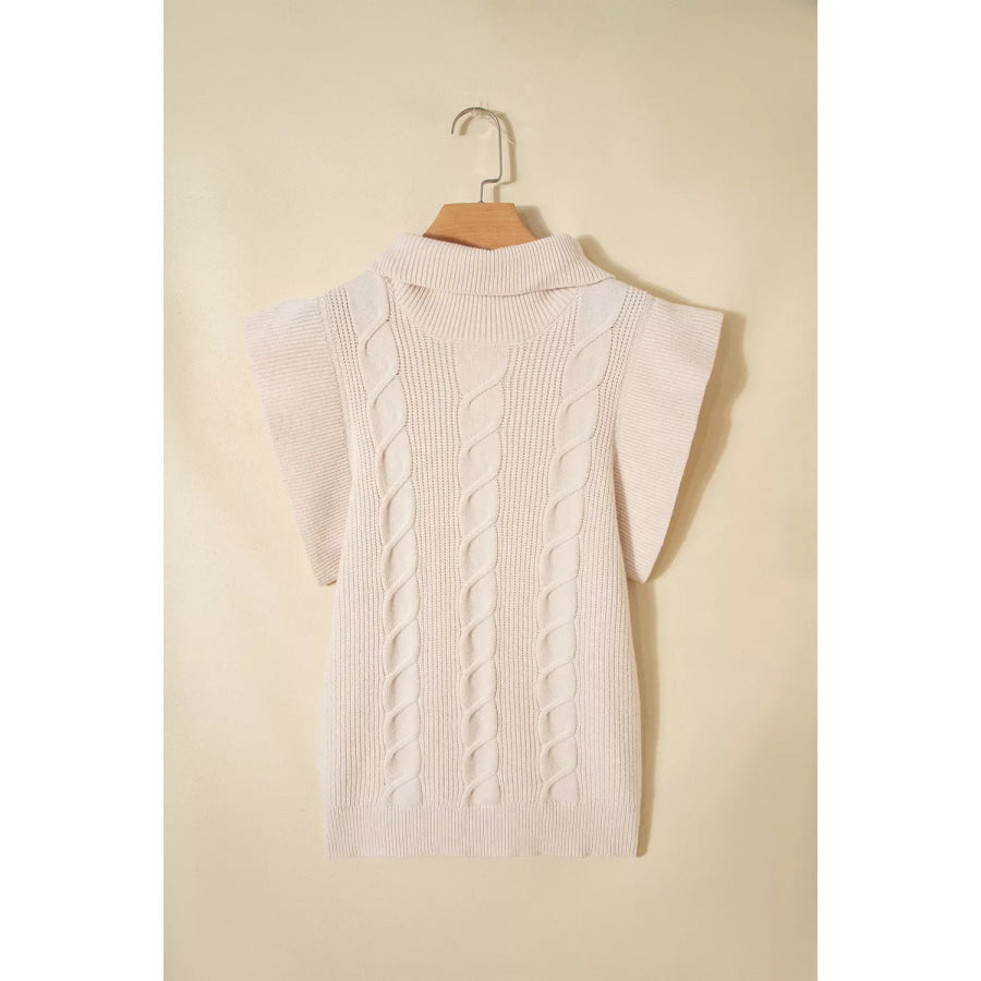 Cable Knit Turtleneck Ruffled Short Sleeve Sweater Apparel and Accessories