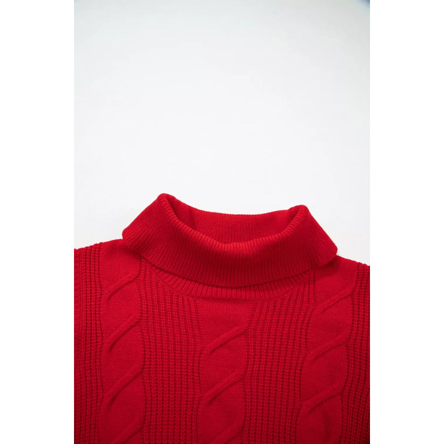 Cable Knit Turtleneck Ruffled Short Sleeve Sweater Apparel and Accessories